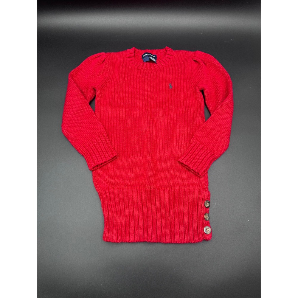 Ralph Lauren Girls Red Knit‎ Sweater Puff Sleeve Side Button Detail